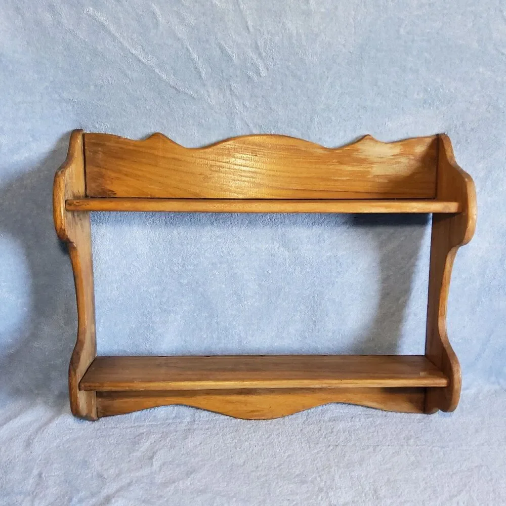 Vintage Wood 2 Tier Wall Shelf Country Rustic Spice Rack Display Scalloped 19.5